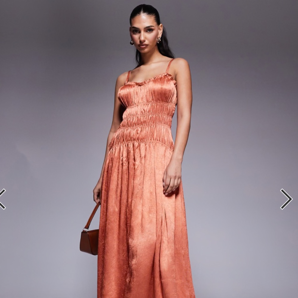Silky Drop Waist ASOS Gown - Midi Maxi Dress with Smocking Size Small, 0-2